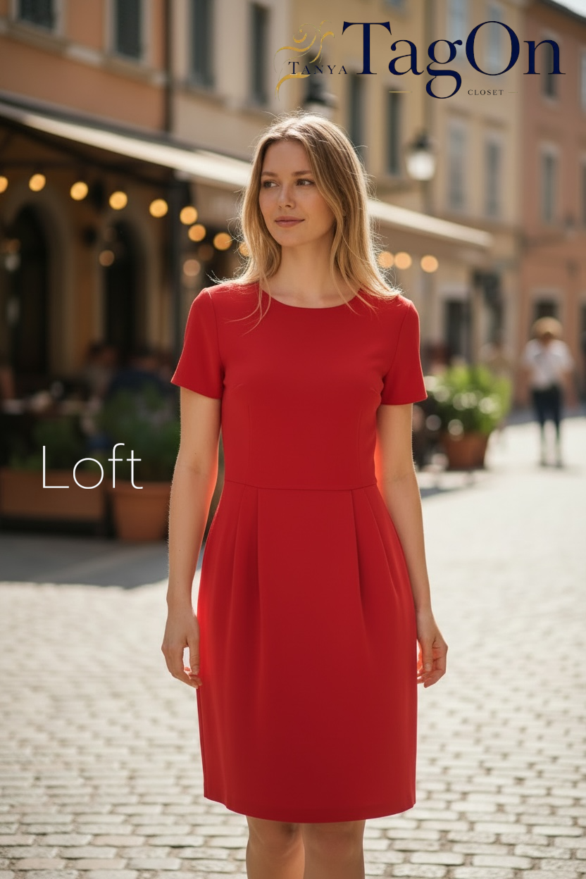 LOFT Red Short-Sleeve Midi Sheath Dress