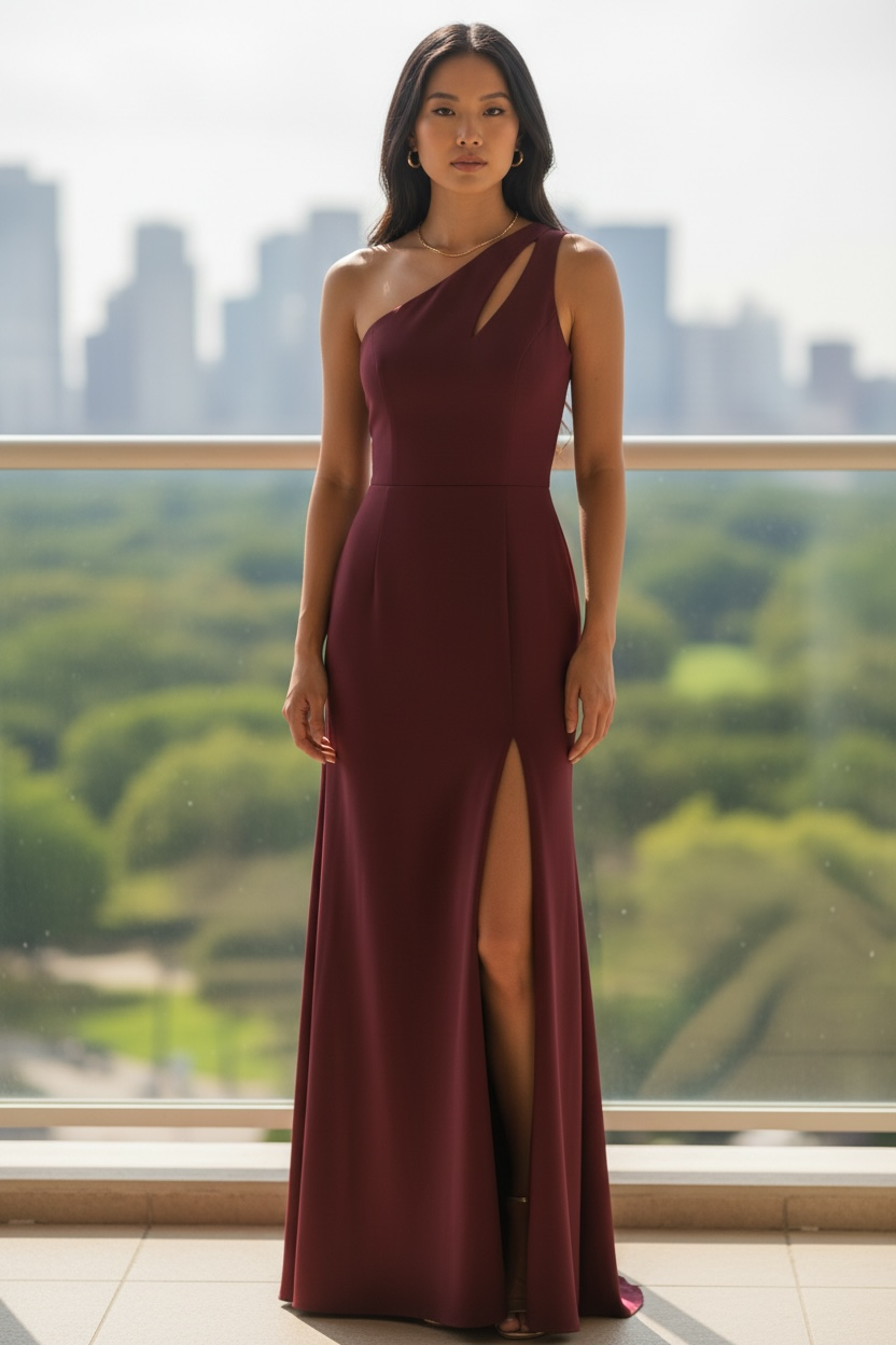Lulus Divinely Dynamite Burgundy One-Shoulder Maxi Dress