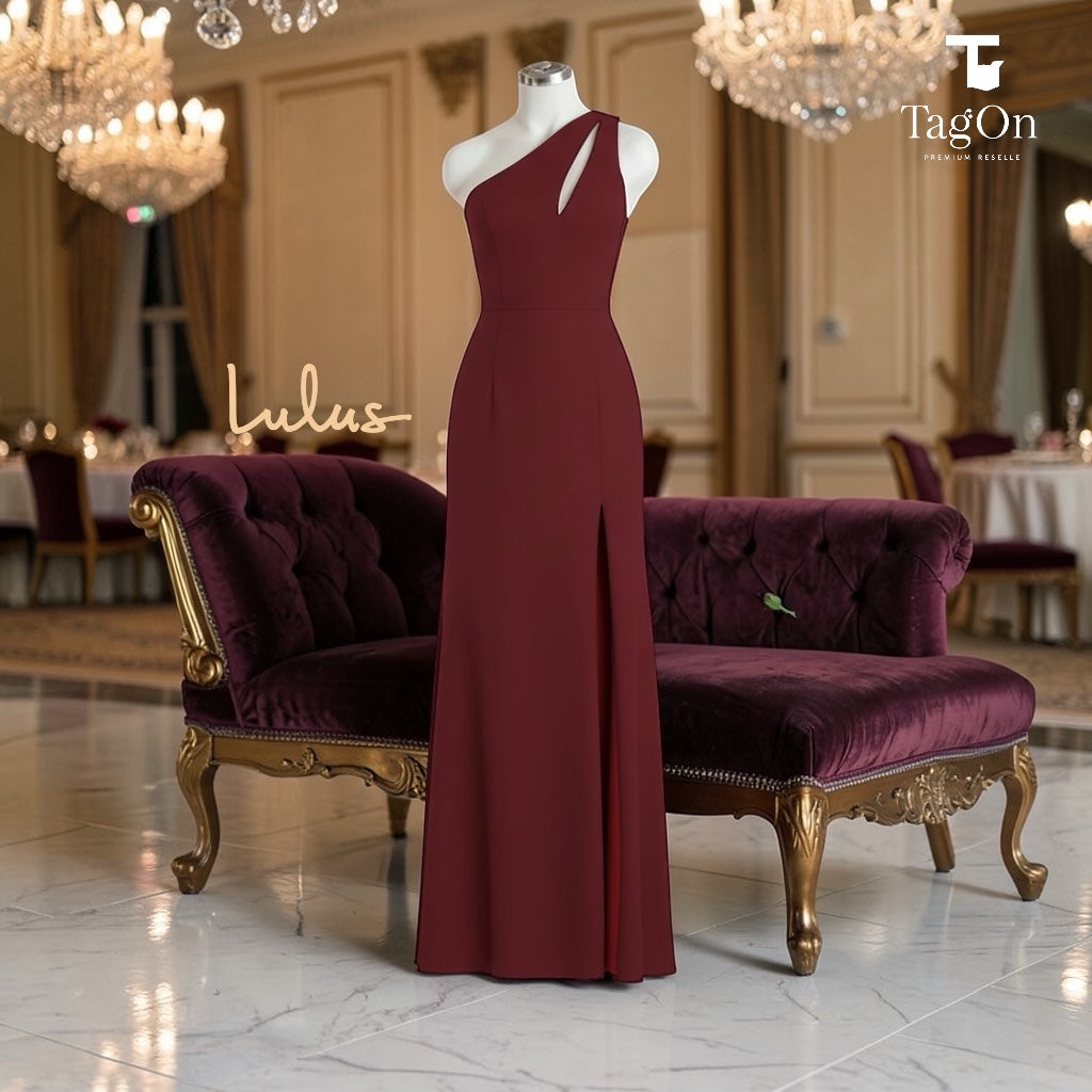 Lulus Divinely Dynamite Burgundy One-Shoulder Maxi Dress